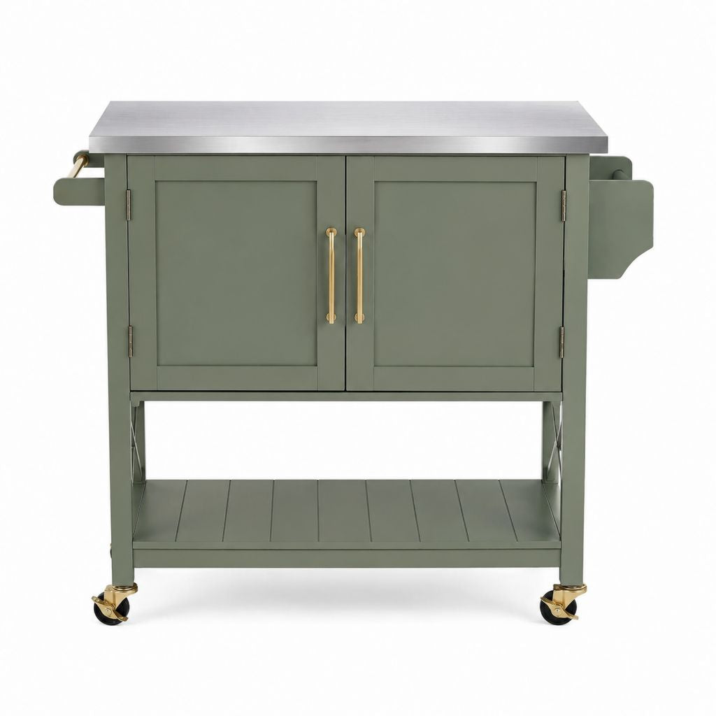 Desserte de cuisine mobile vert sauge en MDF et acier inoxydable 120 x 55 x 91 cm