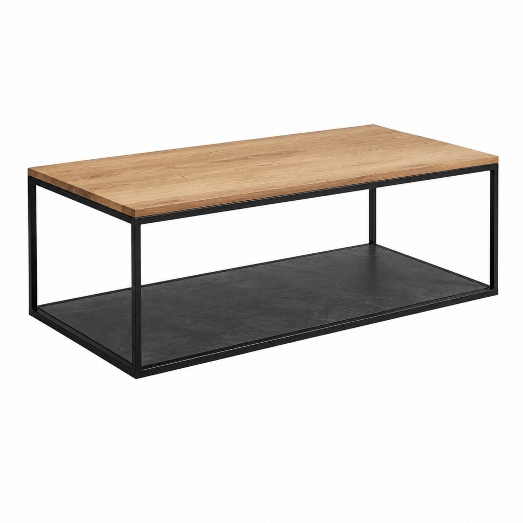 Table basse rectangulaire avec étagère chêne clair et noir en MDF acier 110 x 60 x 45 cm