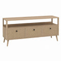 Meuble TV beige en panneaux de particules décor chêne avec cannage de rotin 140 x 40 x 75 cm