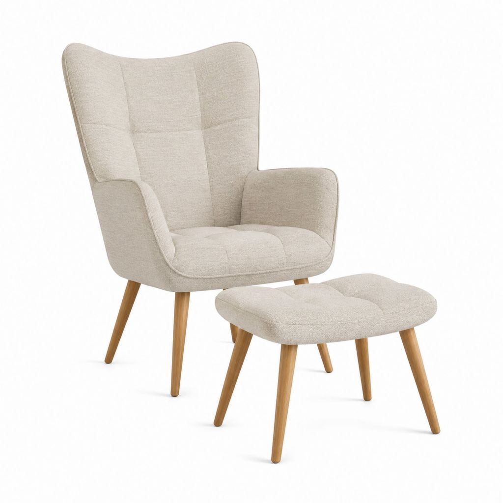 Fauteuil à oreilles avec repose-pieds beige en polyester et pieds en bois massif 72 x 82 x 105 cm