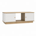 Table basse rectangulaire blanche et chêne en panneaux de particules 120 x 40 x 45 cm avec 2 portes coulissantes