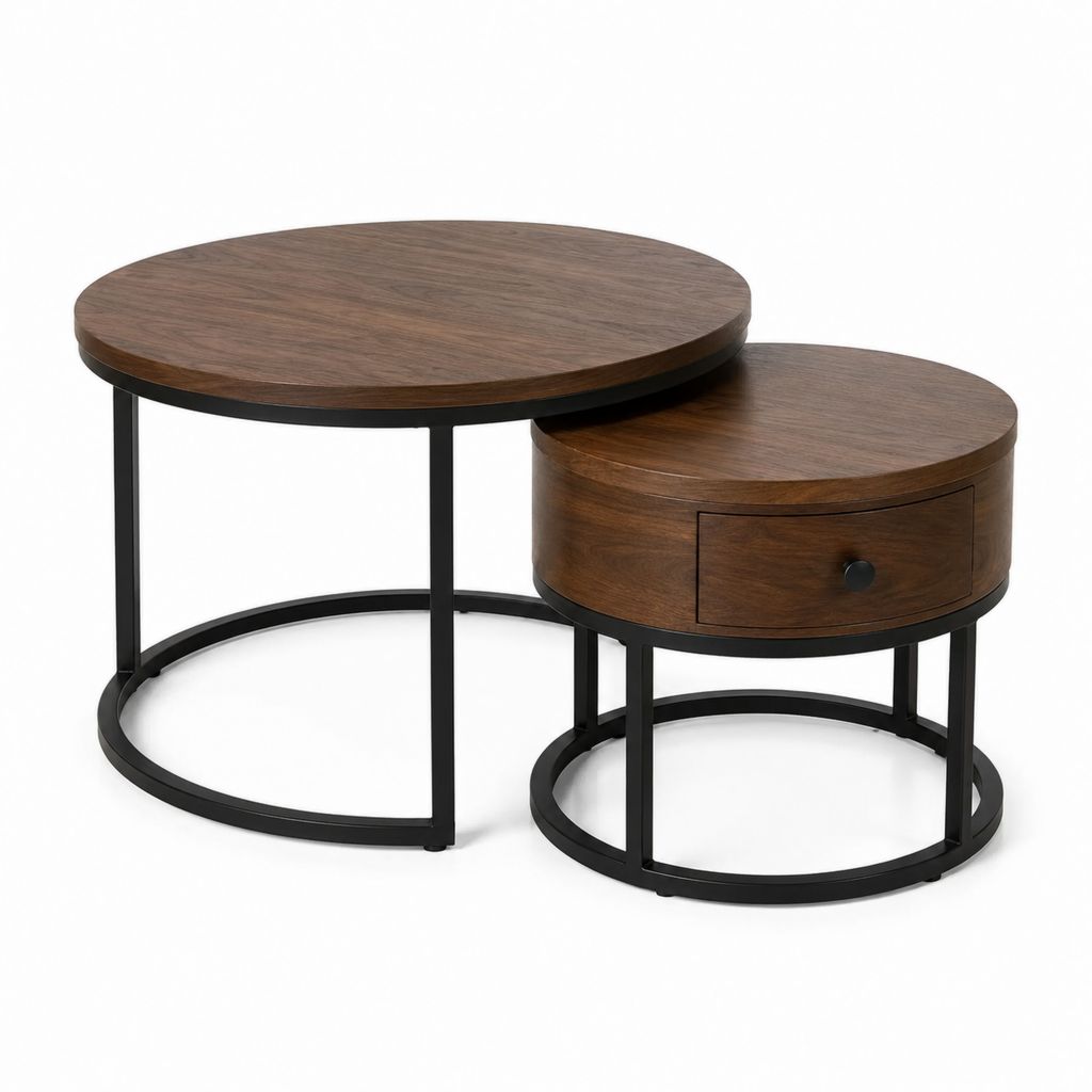 Lot de 2 tables basses rondes marron foncé et noir en MDF et acier avec tiroir 80 x 80 x 45 cm et 60 x 60 x 40 cm