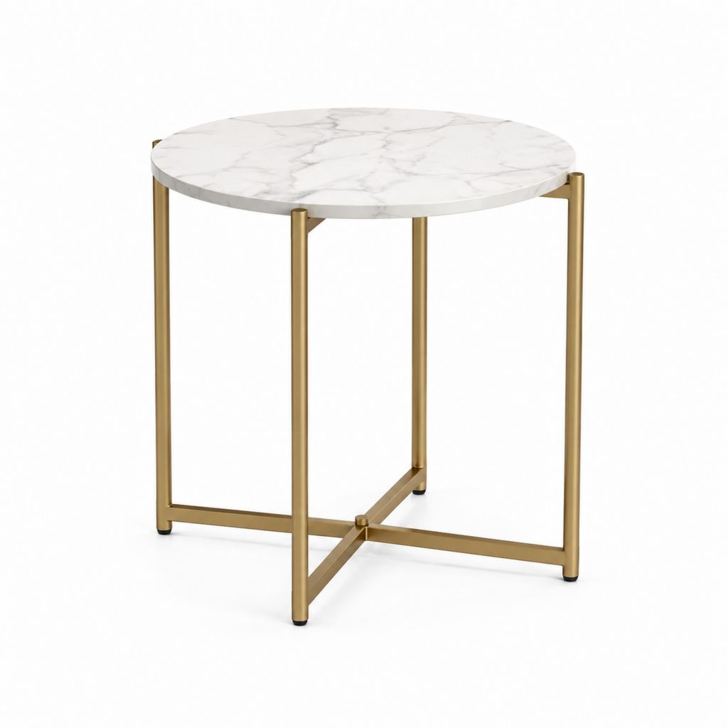 Table basse ronde blanche effet marbre avec piètement en acier doré diamètre 60 cm hauteur 60 cm