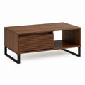 Table basse rectangulaire noyer en MDF et acier 100 x 60 x 45 cm avec tiroir et niche ouverte