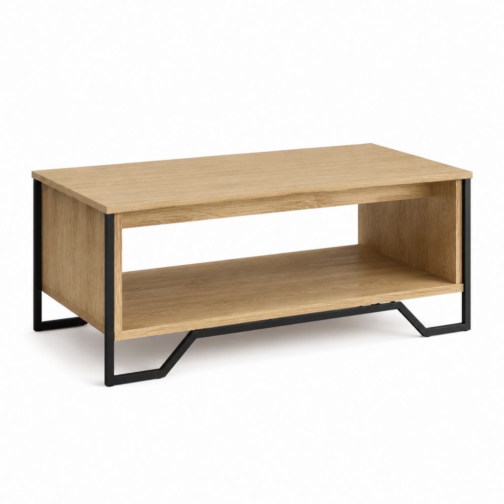 Table basse rectangulaire chêne clair et noir en panneaux de particules 100 x 60 x 45 cm avec tablette de rangement