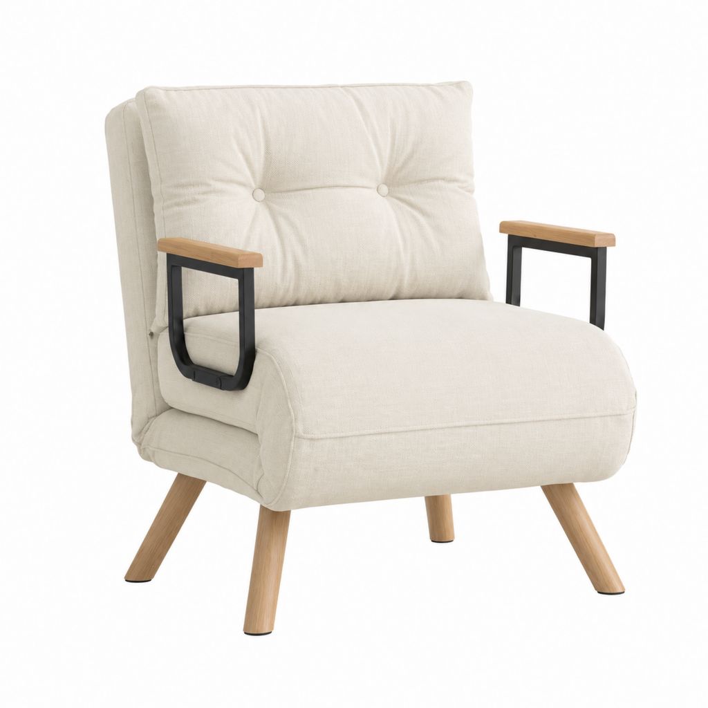 Fauteuil de salon beige en polyester avec accoudoirs en acier et hêtre 76 x 78 x 88 cm