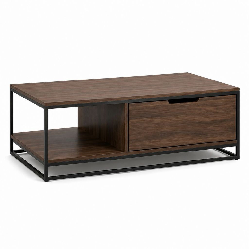 Table basse rectangulaire noyer en panneaux MDF et acier 100 x 50 x 45 cm avec tiroir