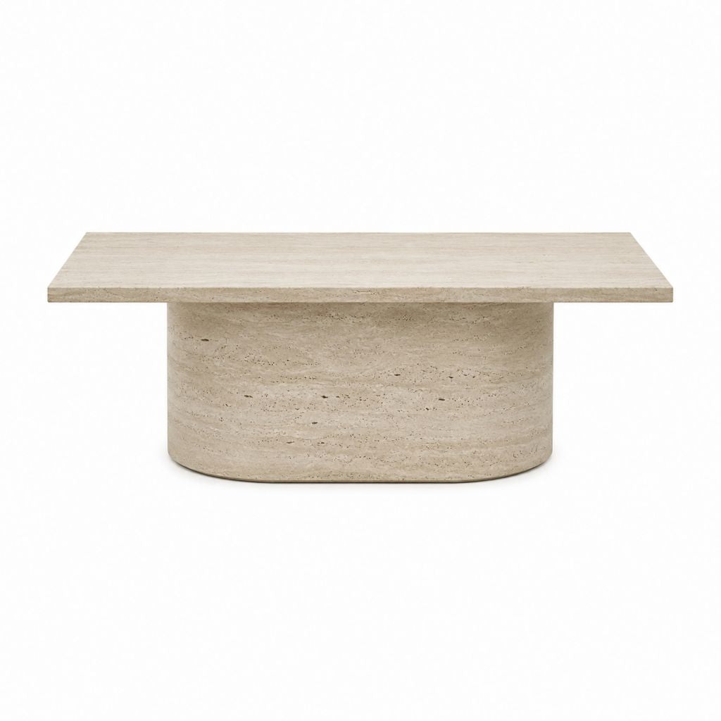 Table basse rectangulaire beige en travertin avec piètement cylindrique 120 x 70 x 40 cm